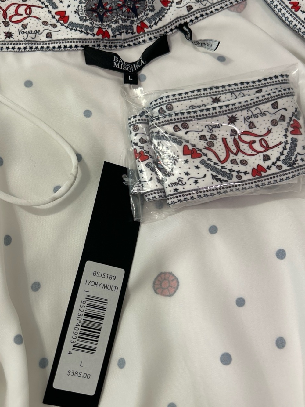 Badgley Mischka White Printed Long Robe with Red & Navy Accents - Picture 4 of 5